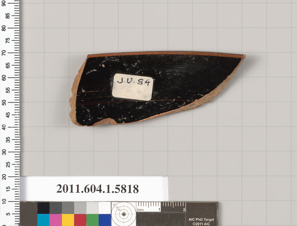 Terracotta rim fragment of a kylix: eye-cup (drinking cup), Terracotta, Greek, Attic