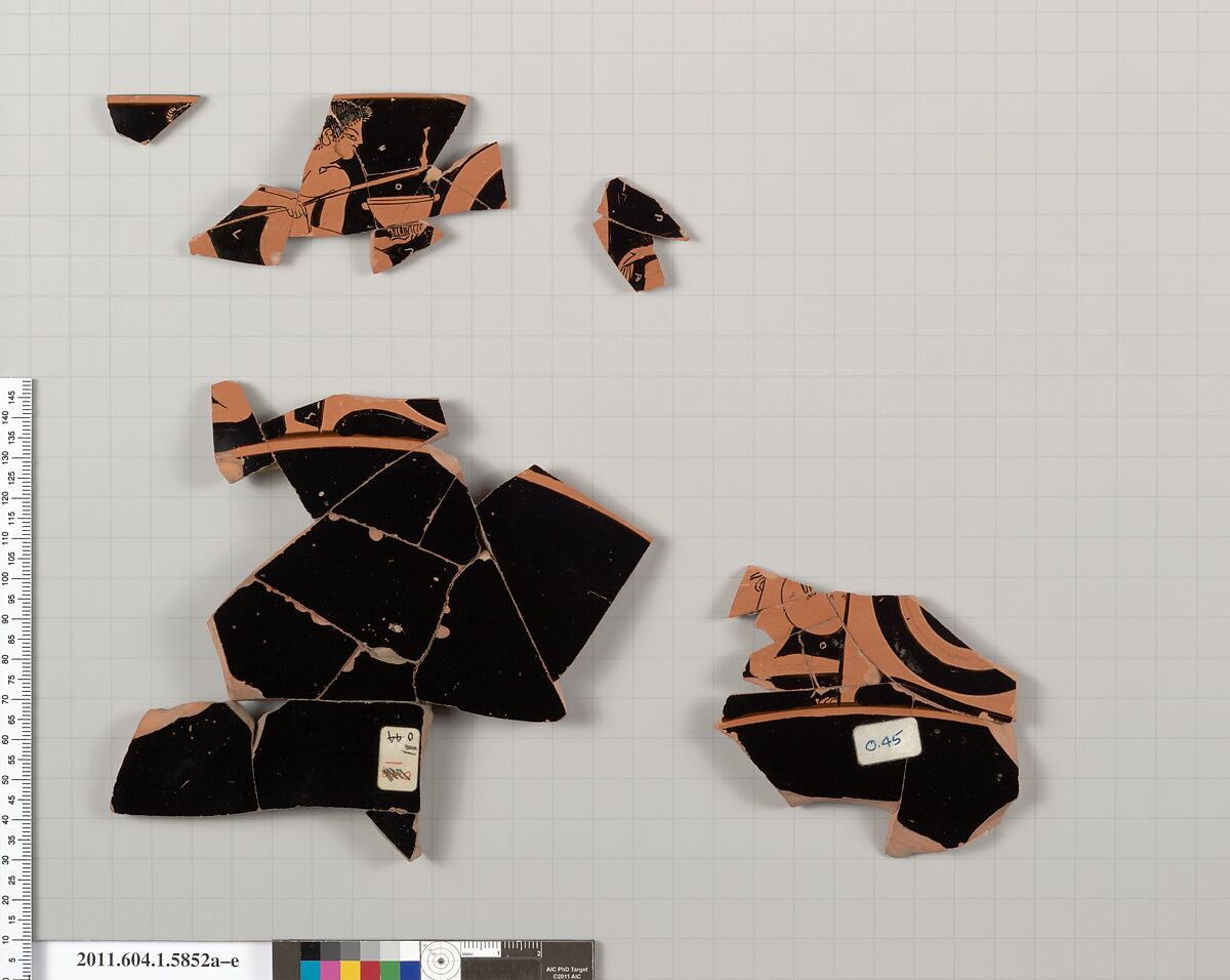 Terracotta fragments of a kylix: eye-cup (drinking cup), Terracotta, Greek, Attic
