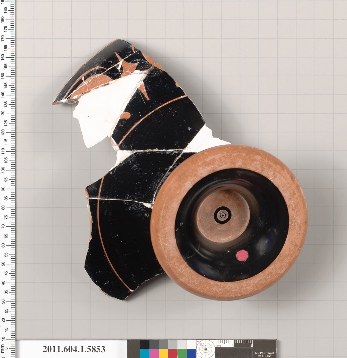 Terracotta fragment of a kylix: eye-cup  (drinking cup), Terracotta, Greek, Attic