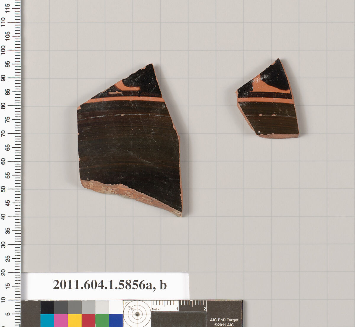 Terracotta fragments of a kylix: eye-cup (drinking cup), Terracotta, Greek, Attic 