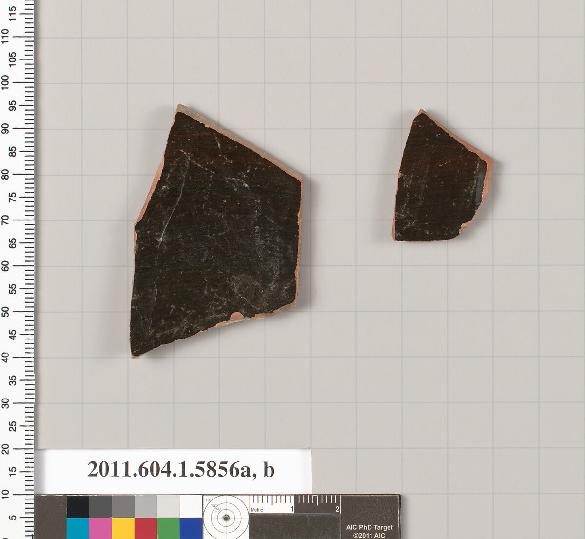 Terracotta fragments of a kylix: eye-cup (drinking cup), Terracotta, Greek, Attic