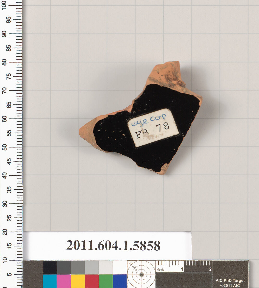Terracotta fragment of a kylix: eye-cup  (drinking cup), Terracotta, Greek, Attic