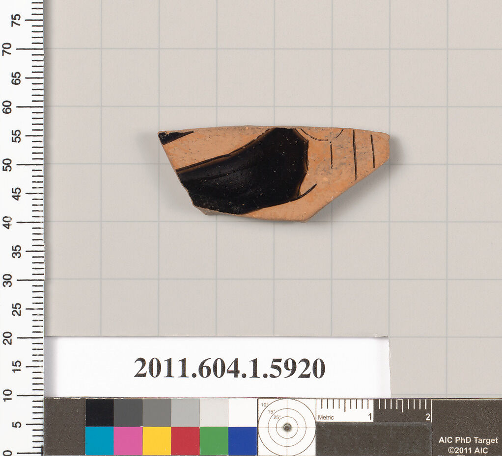Terracotta fragment of a kylix (drinking cup), Terracotta, Greek, Attic 