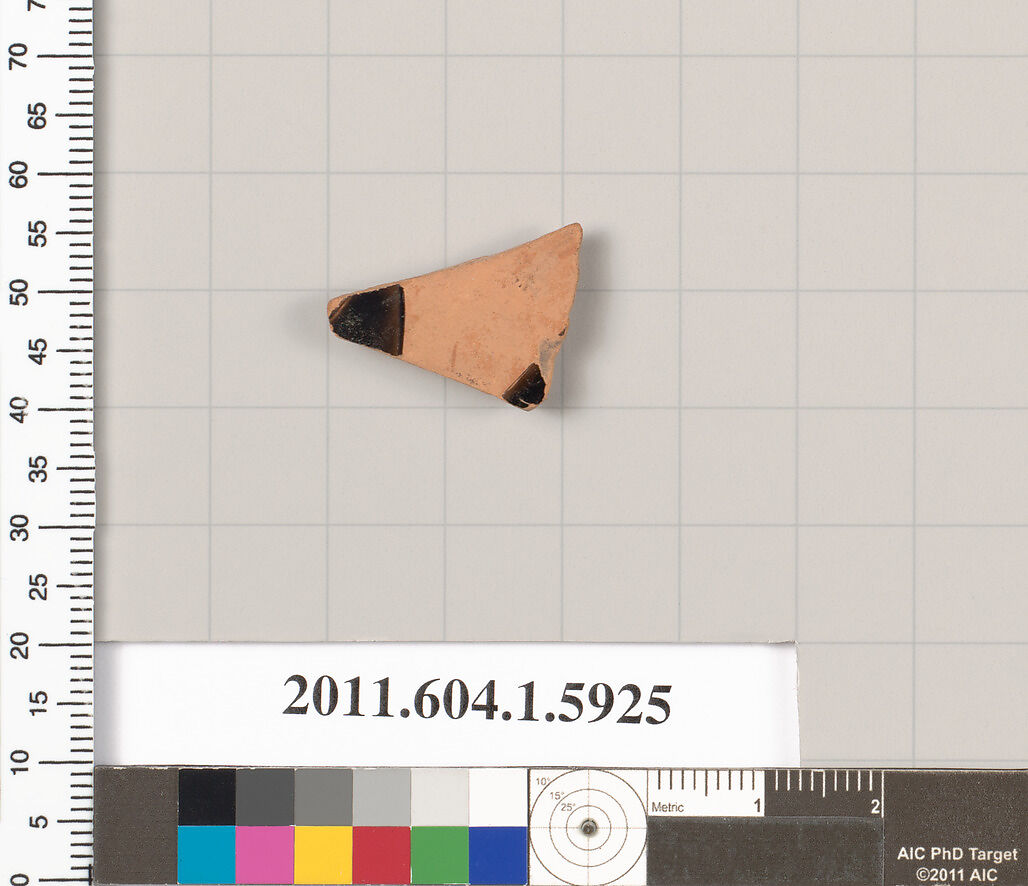 Terracotta fragment of a kylix (drinking cup), Terracotta, Greek, Attic 