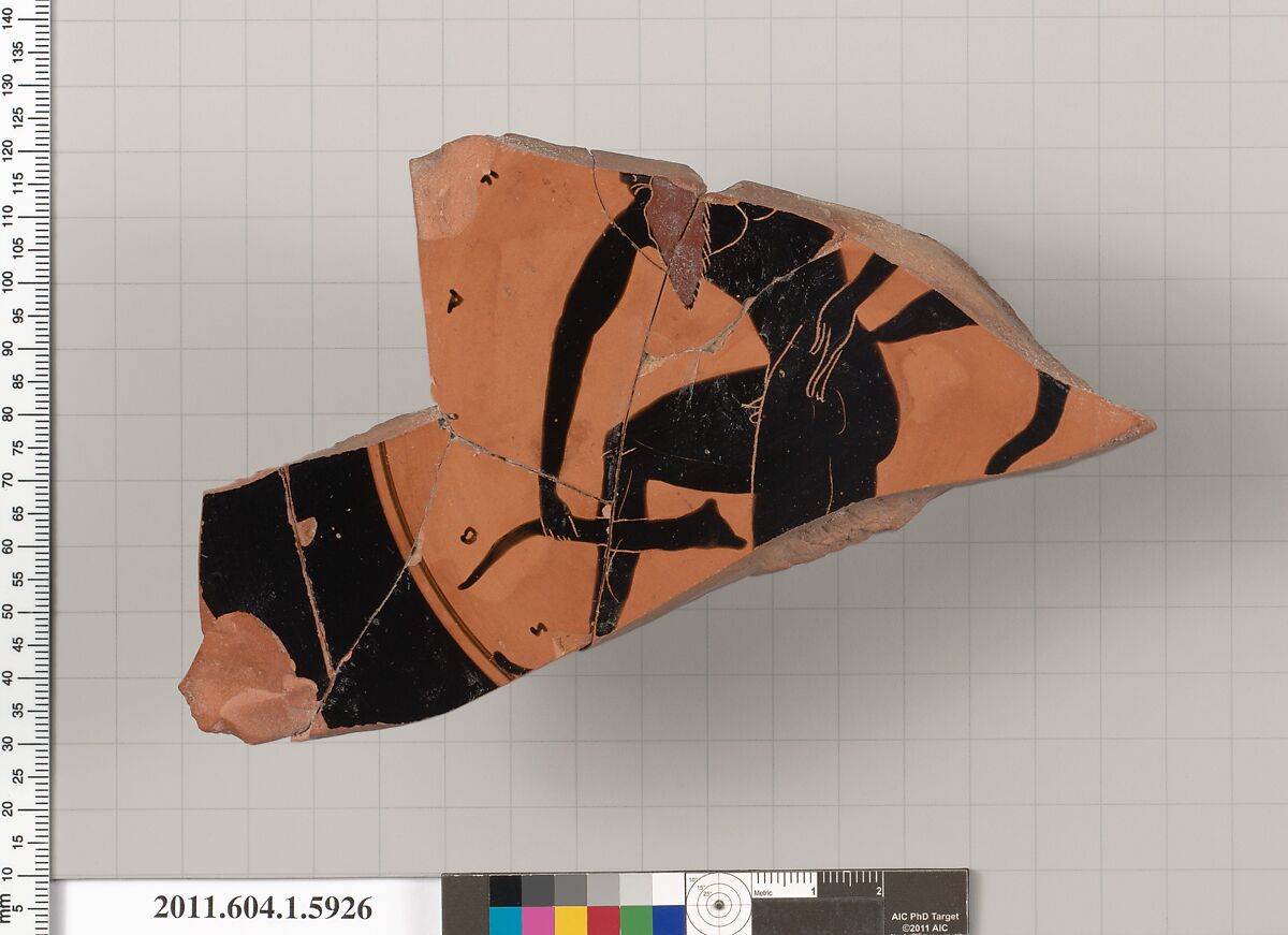 Terracotta fragment of a kylix (drinking cup), Terracotta, Greek, Attic 