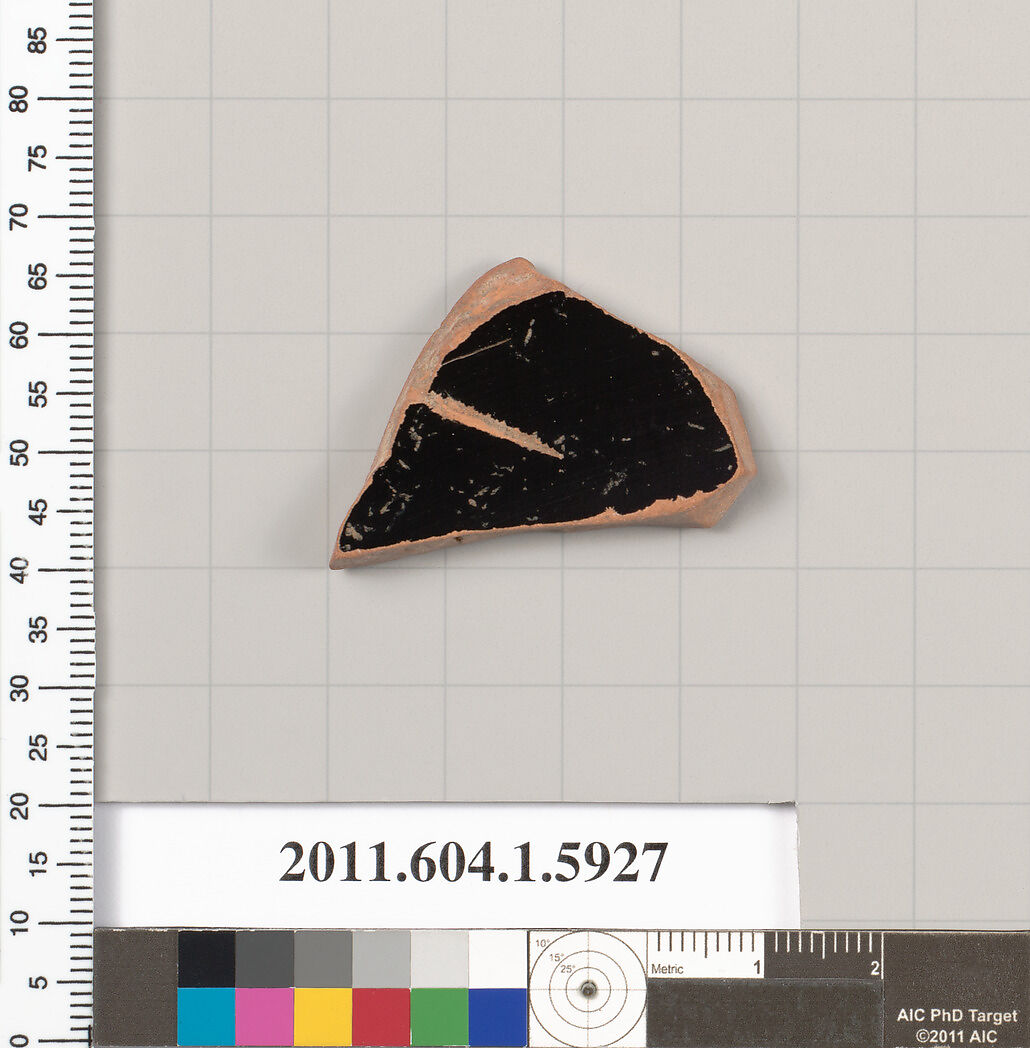 Terracotta fragment of a kylix (drinking cup), Terracotta, Greek, Attic