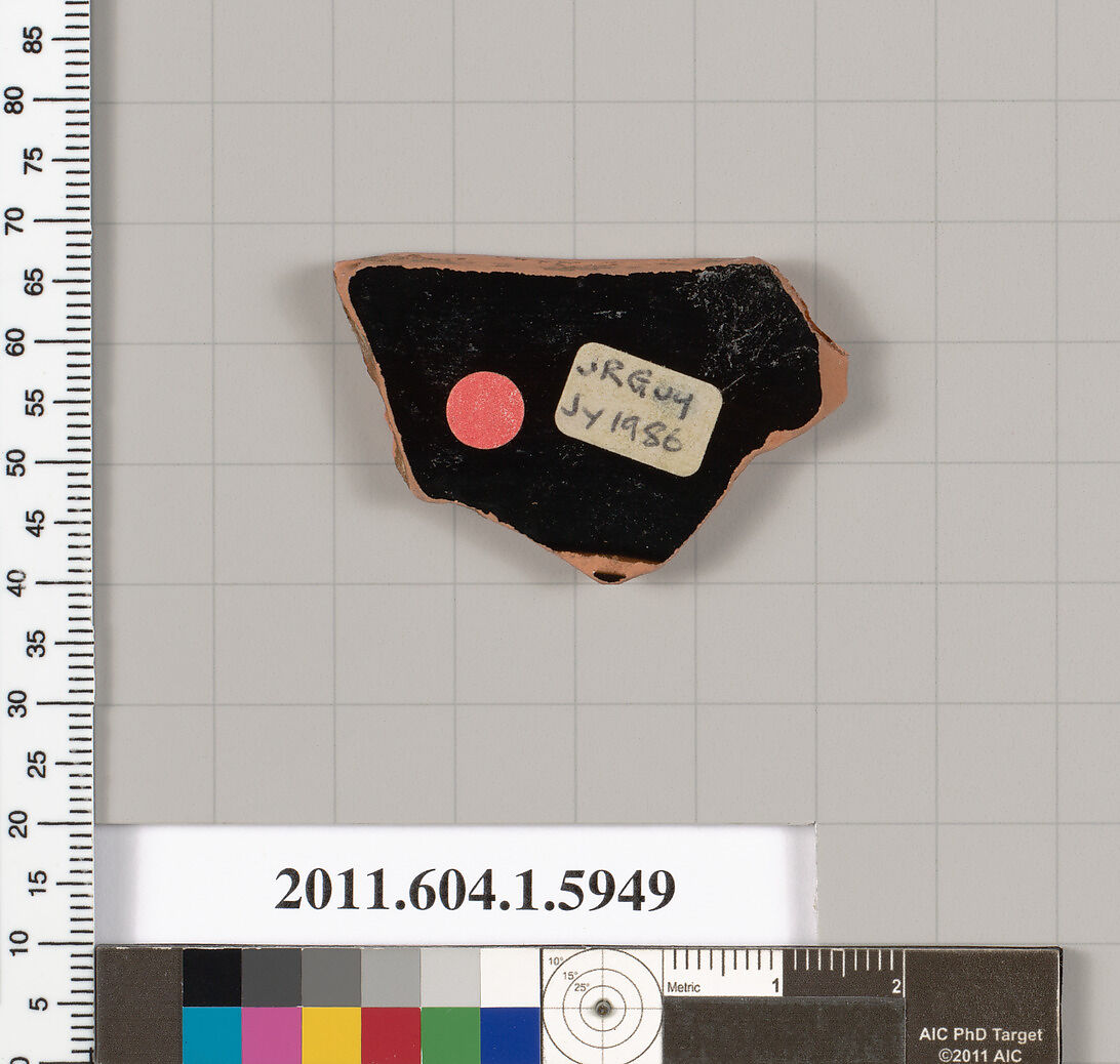 Terracotta fragment of a kylix (drinking cup), Terracotta, Greek, Attic 