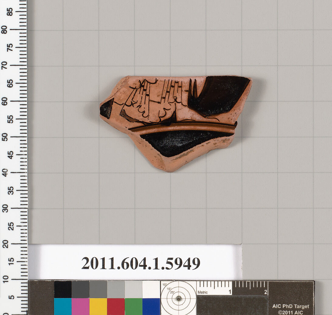 Terracotta fragment of a kylix (drinking cup), Terracotta, Greek, Attic