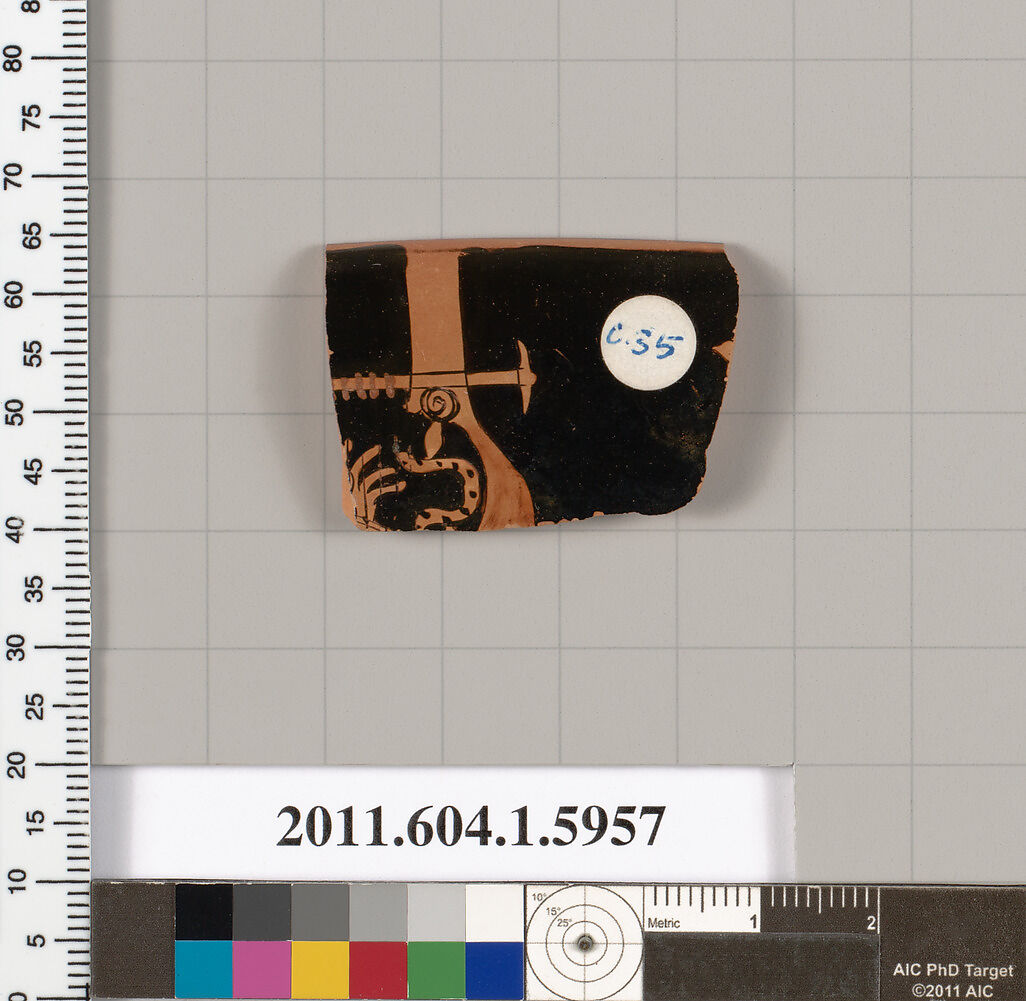 Terracotta rim fragment of a kylix (drinking cup), Terracotta, Greek, Attic 