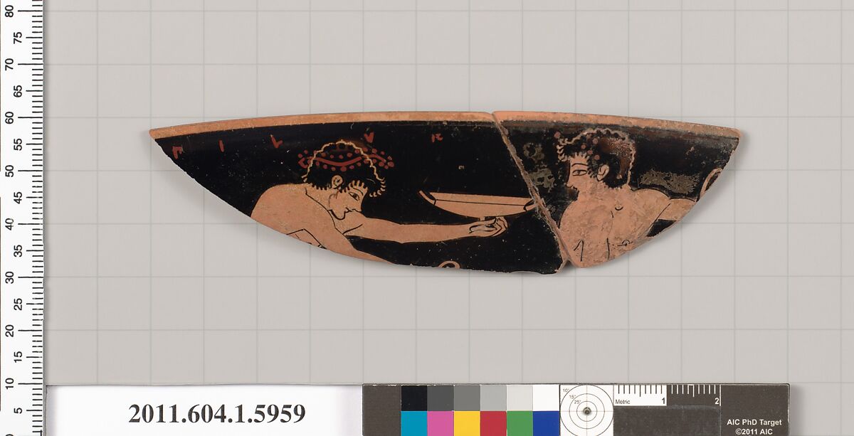 Terracotta rim fragment of a kylix (drinking cup), Terracotta, Greek, Attic 