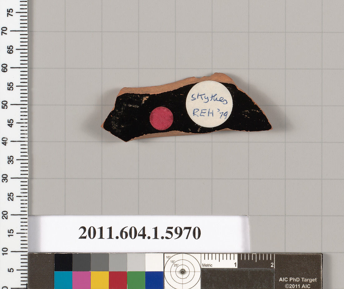 Terracotta fragment of a kylix (drinking cup), Attributed to Skythes [DvB], Terracotta, Greek, Attic