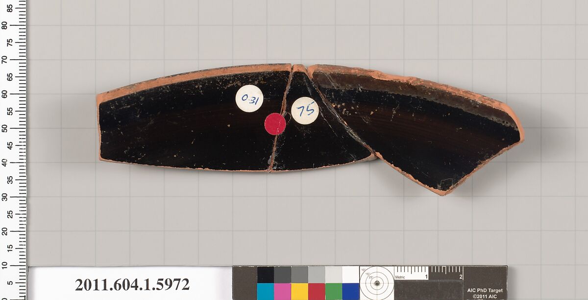 Terracotta rim fragment of a kylix (drinking cup), Terracotta, Greek, Attic