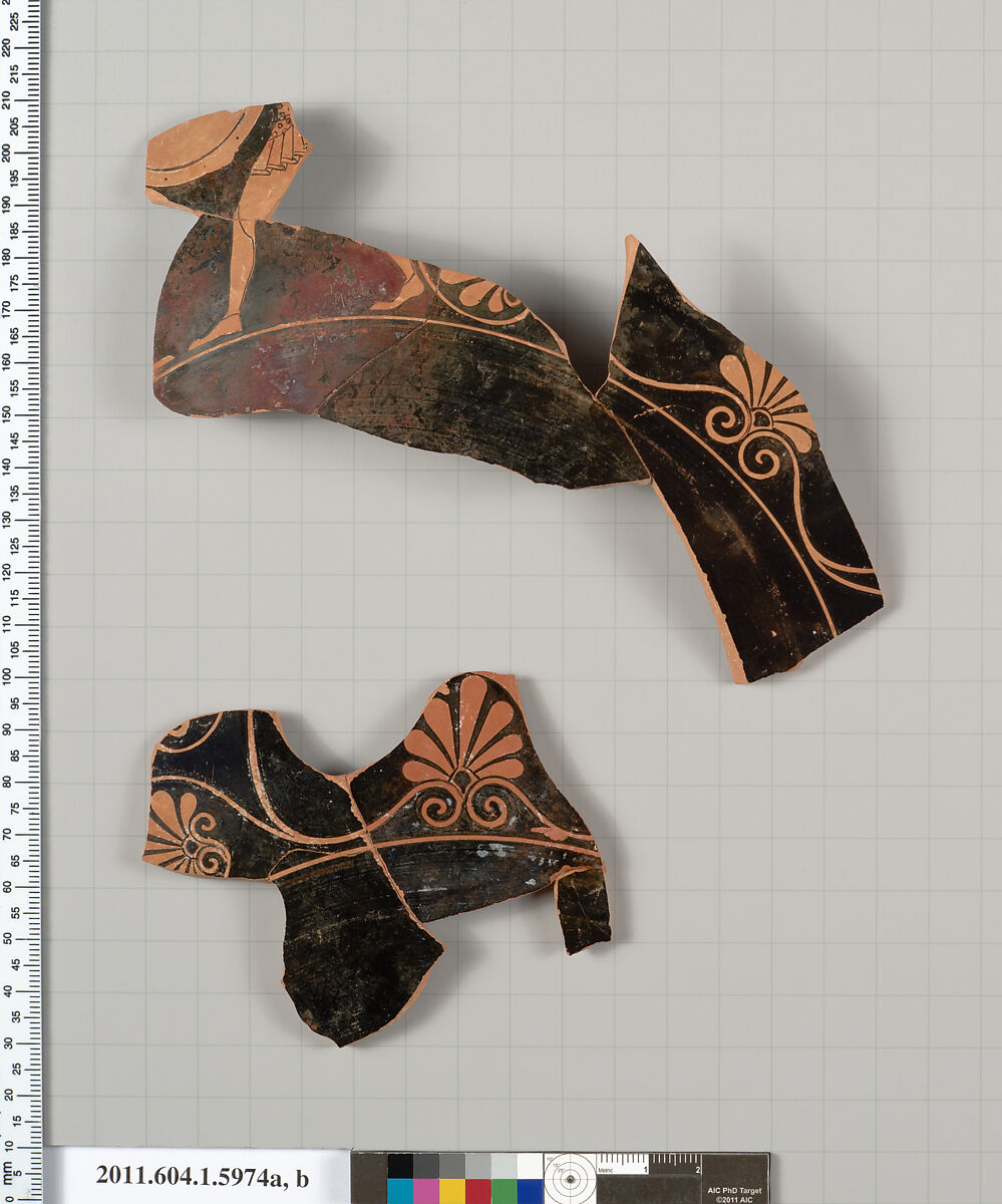 Terracotta fragments of a kylix (drinking cup), Terracotta, Greek, Attic
