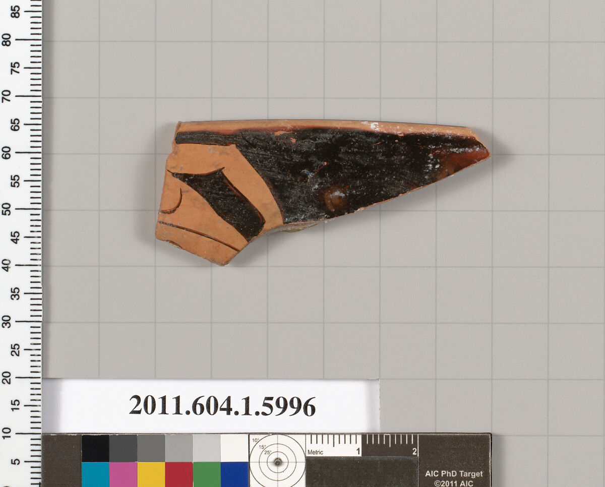Terracotta rim fragment of a kylix (drinking cup), Terracotta, Greek, Attic 