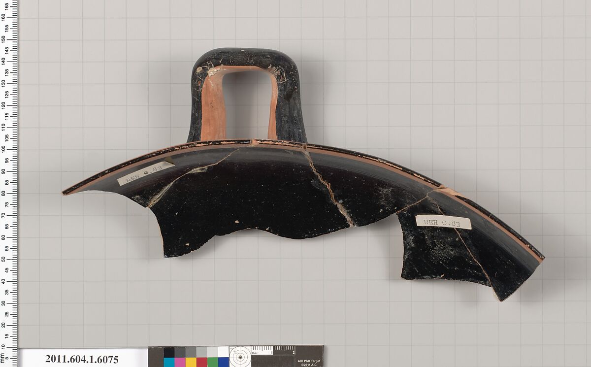 Terracotta fragment of a kylix (drinking cup), Terracotta, Greek, Attic