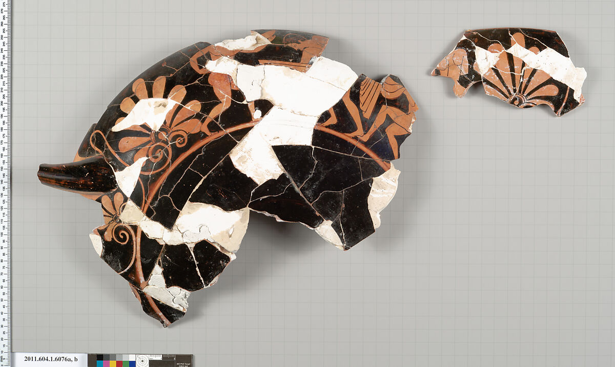 Terracotta fragments of a kylix (drinking cup), Terracotta, Greek, Attic
