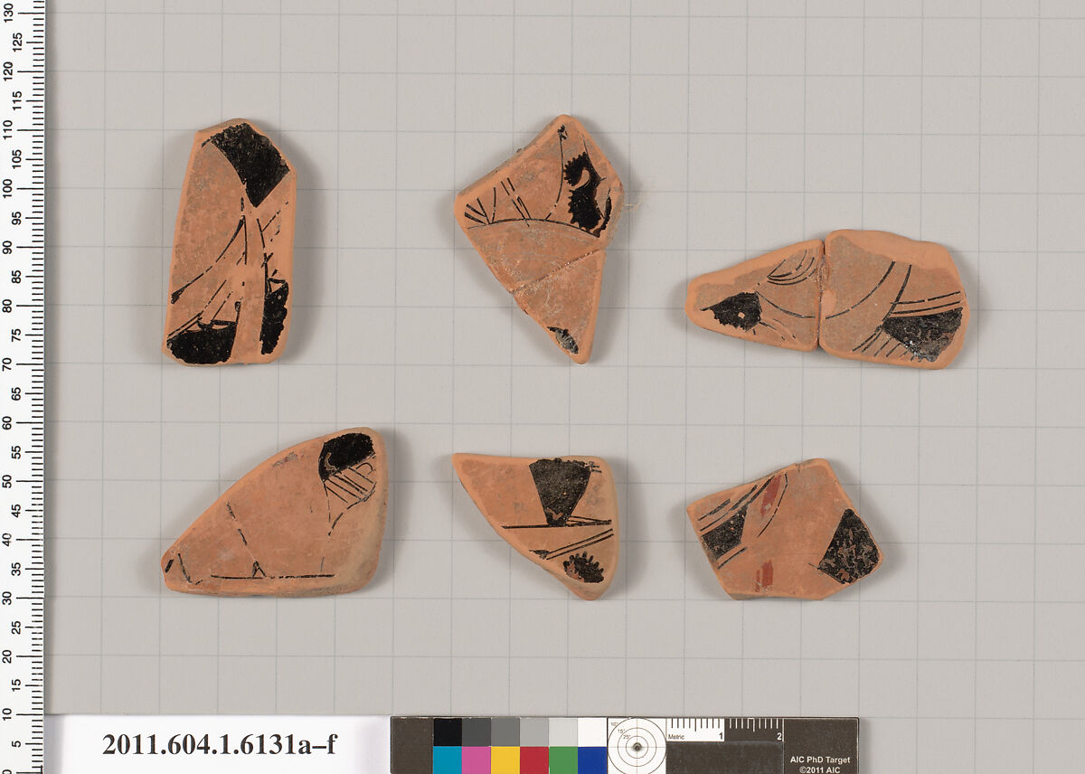 Terracotta fragments of a kylix (drinking cup), Terracotta, Greek, Attic 