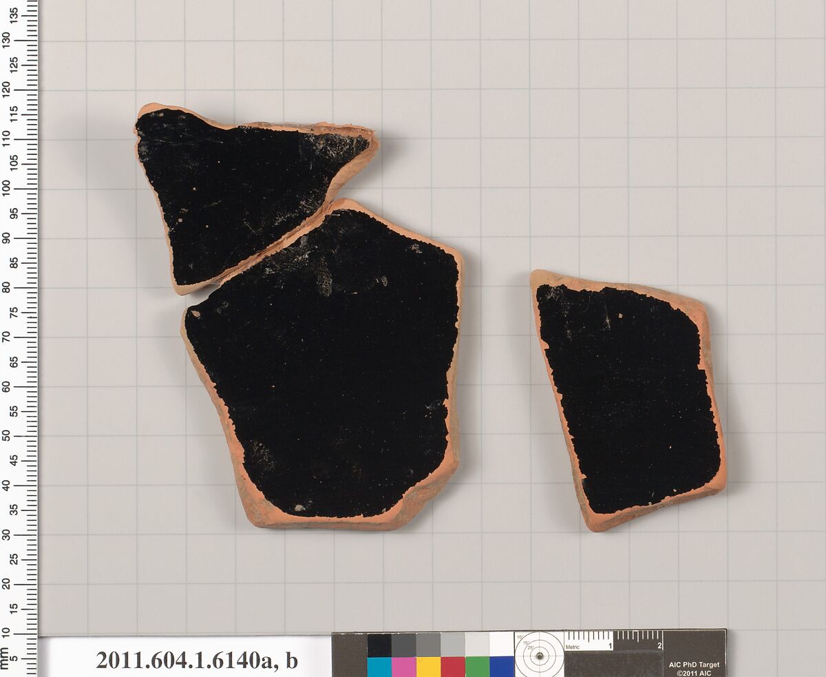 Terracotta fragments of a kylix (drinking cup), Terracotta, Greek, Attic
