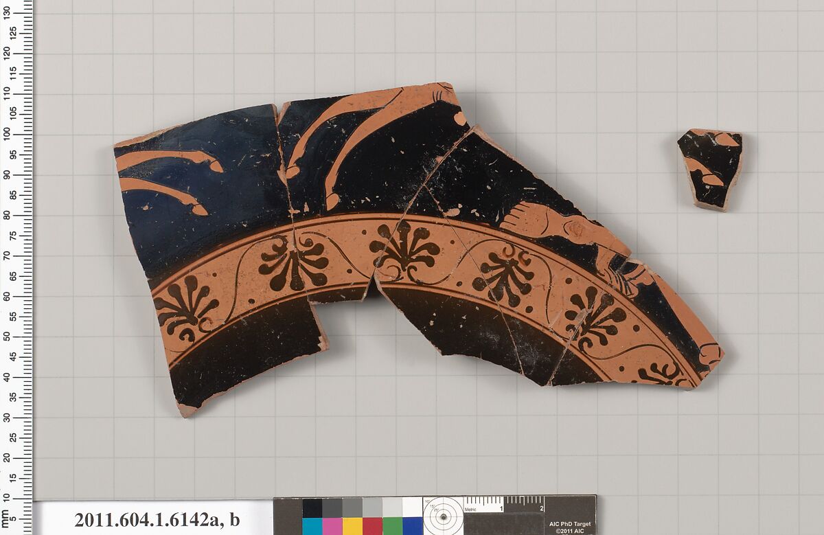 Terracotta fragments of a kylix (drinking cup), Terracotta, Greek, Attic