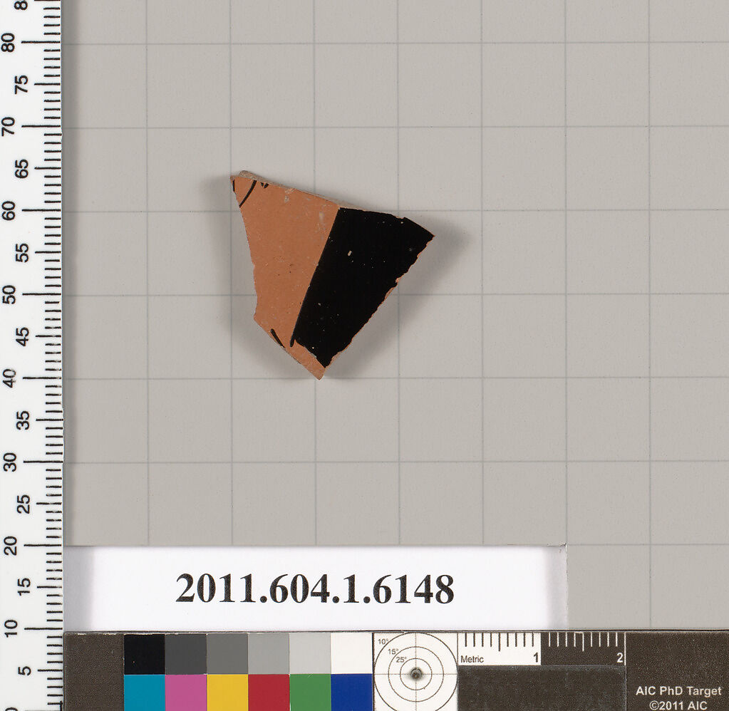Terracotta fragment of a kylix (drinking cup), Terracotta, Greek, Attic 