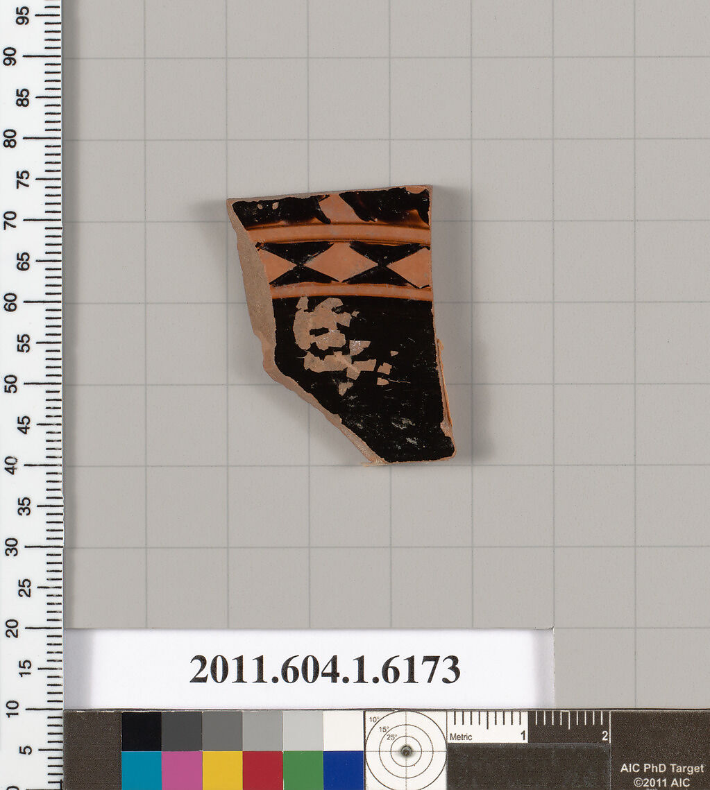 Terracotta fragment of a kylix (drinking cup), Terracotta, Greek, Attic