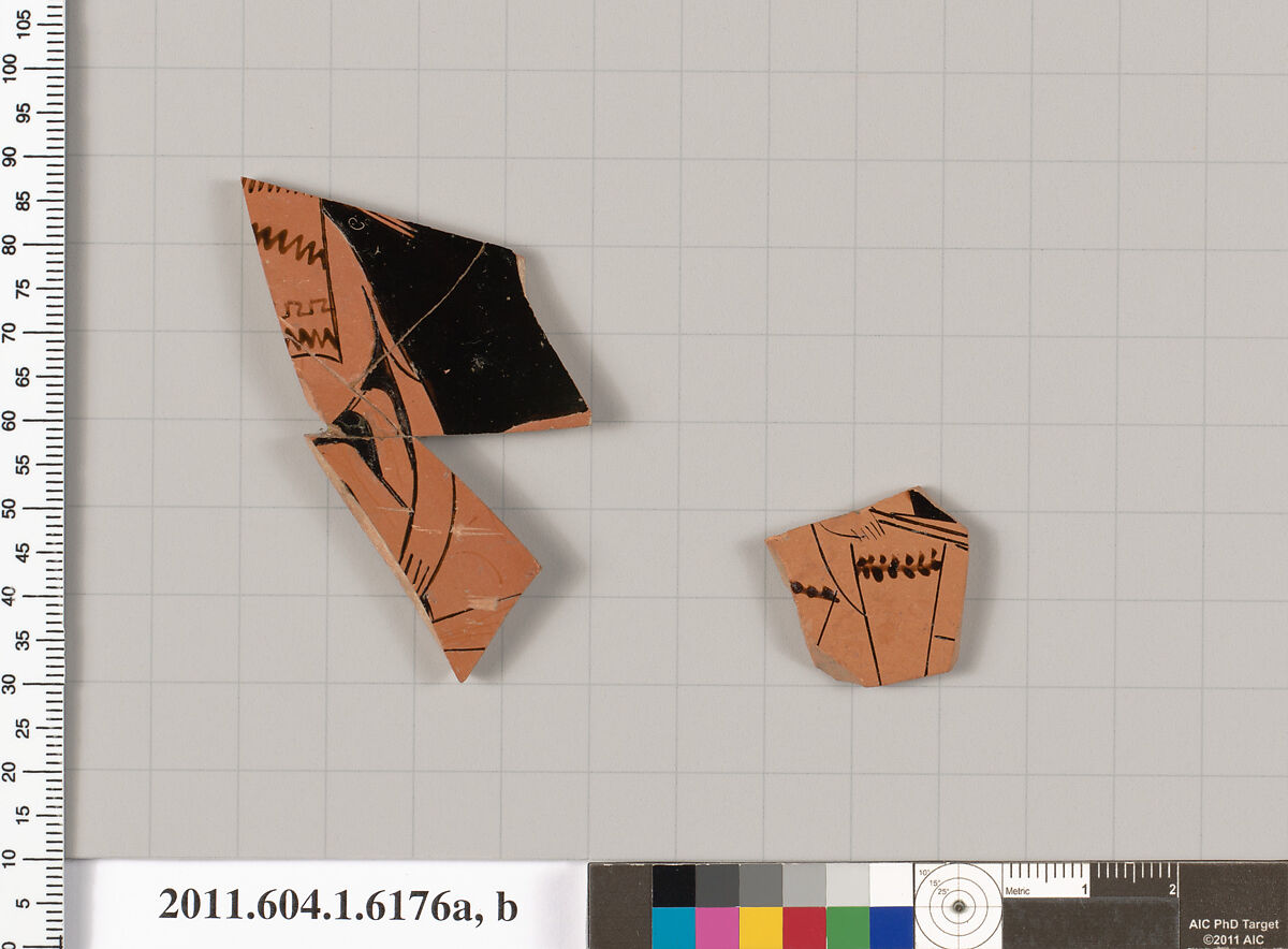 Terracotta fragments of a kylix (drinking cup), Terracotta, Greek, Attic 