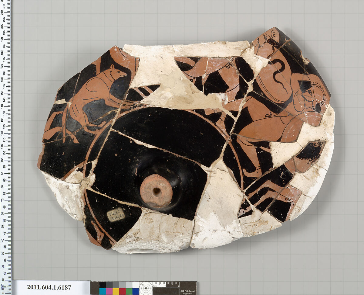 Terracotta fragment of a kylix (drinking cup), Terracotta, Greek, Attic