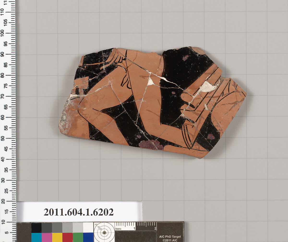 Terracotta fragment of a kylix (drinking cup), Terracotta, Greek, Attic
