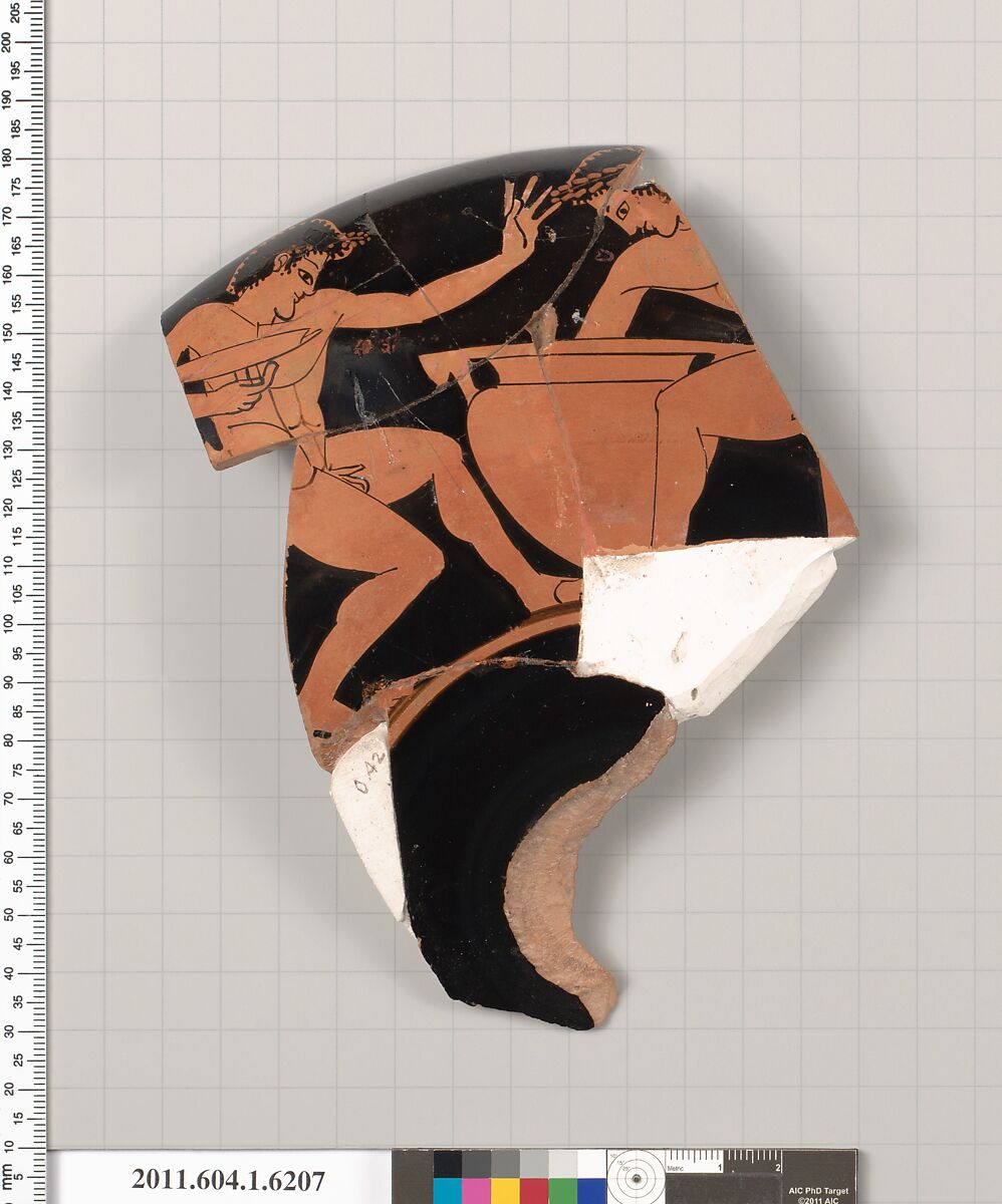 Terracotta fragment of a kylix (drinking cup), Terracotta, Greek, Attic