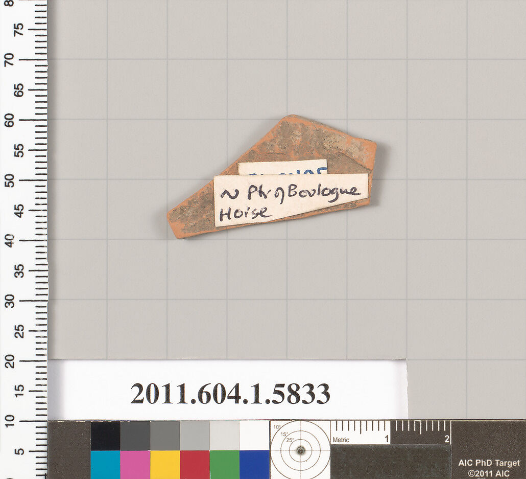 Terracotta fragment of a kylix: eye-cup  (drinking cup), Attributed to the Painter of the Boulogne Horse [DvB], Terracotta, Greek, Attic