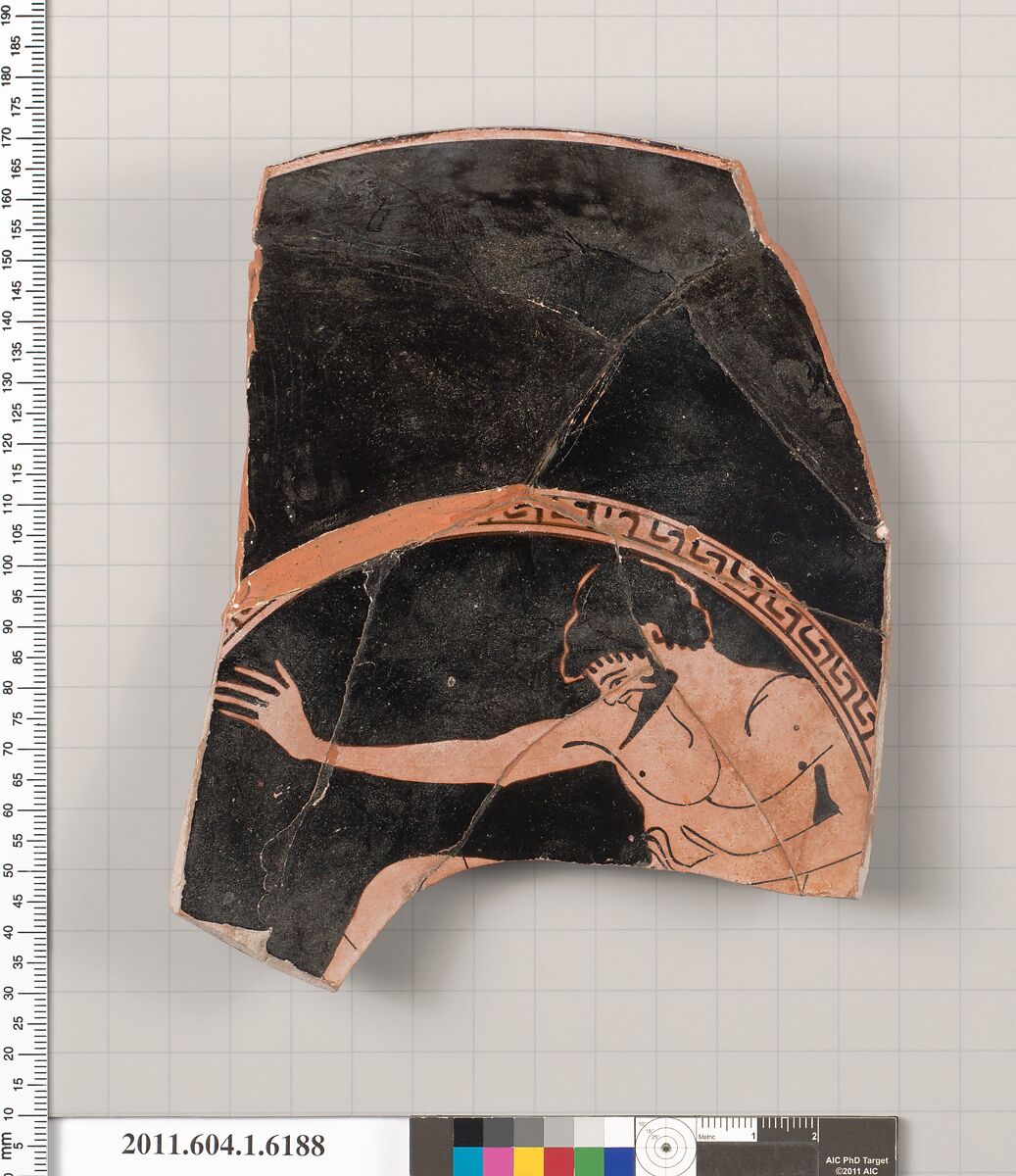 Terracotta fragment of a kylix (drinking cup), Attributed to the Painter of Berlin 2268 [DvB], Terracotta, Greek, Attic 