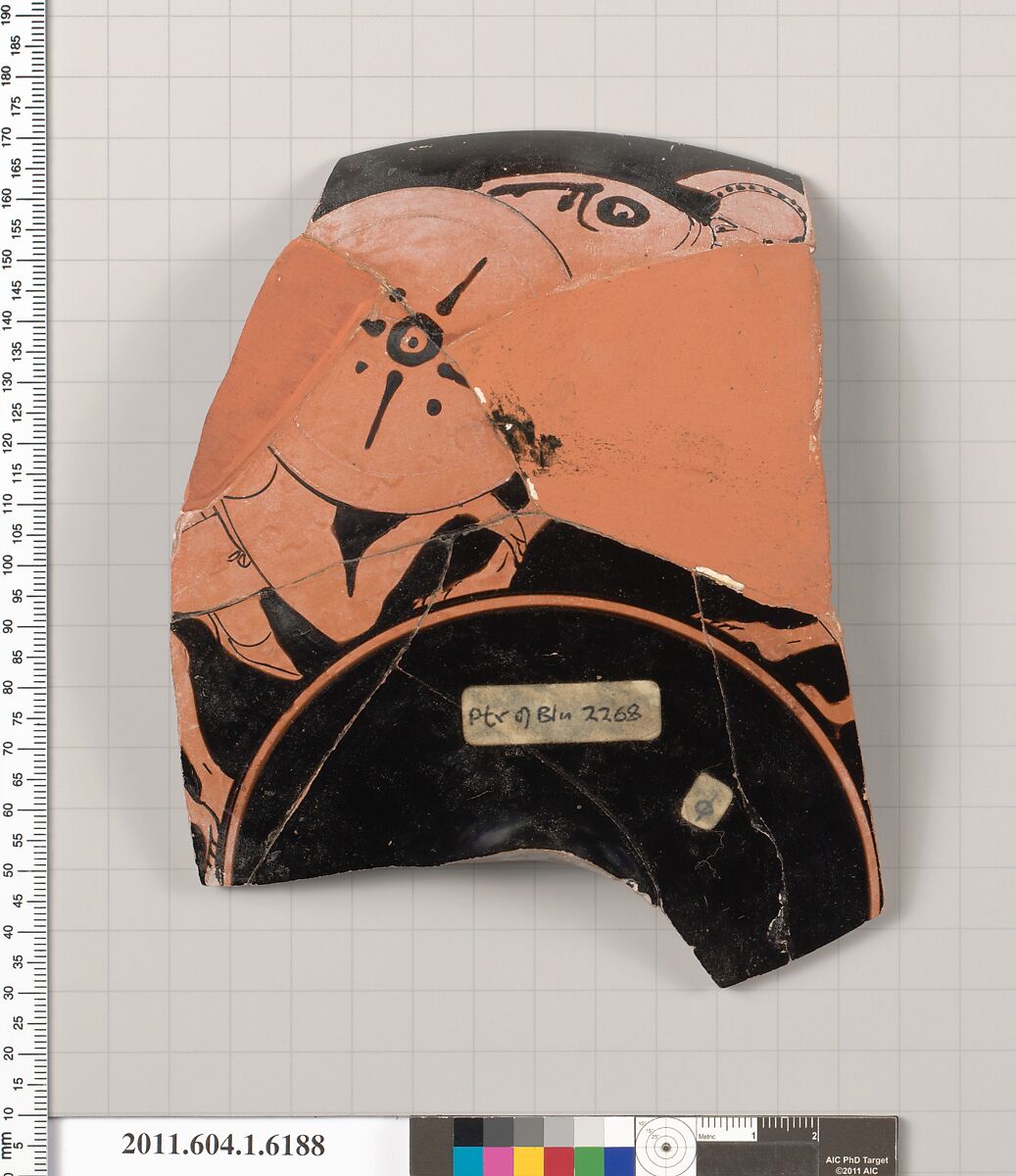 Terracotta fragment of a kylix (drinking cup), Attributed to the Painter of Berlin 2268 [DvB], Terracotta, Greek, Attic