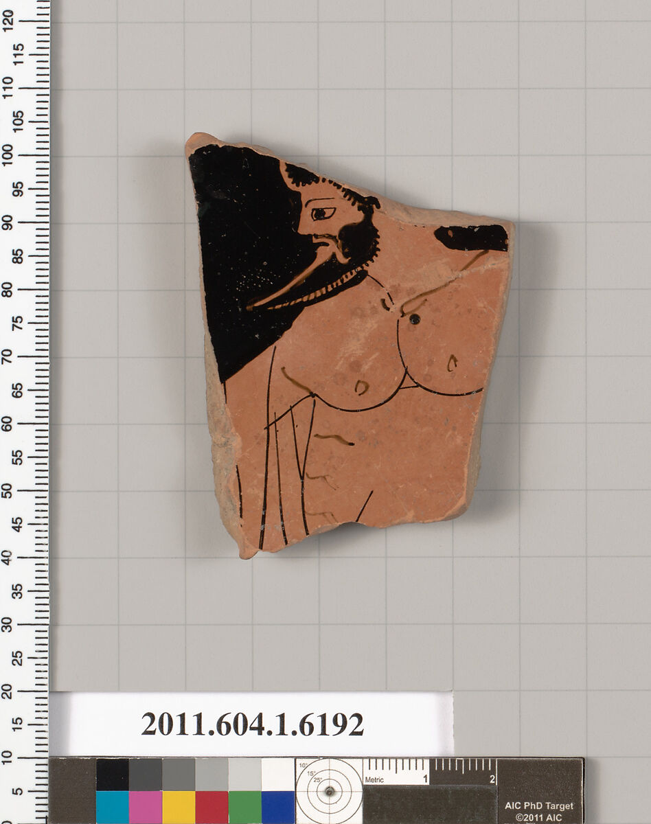 Terracotta fragment of a kylix (drinking cup), Attributed to the Painter of Berlin 2268 [DvB], Terracotta, Greek, Attic 