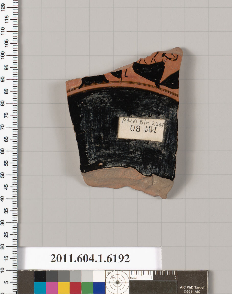 Terracotta fragment of a kylix (drinking cup), Attributed to the Painter of Berlin 2268 [DvB], Terracotta, Greek, Attic