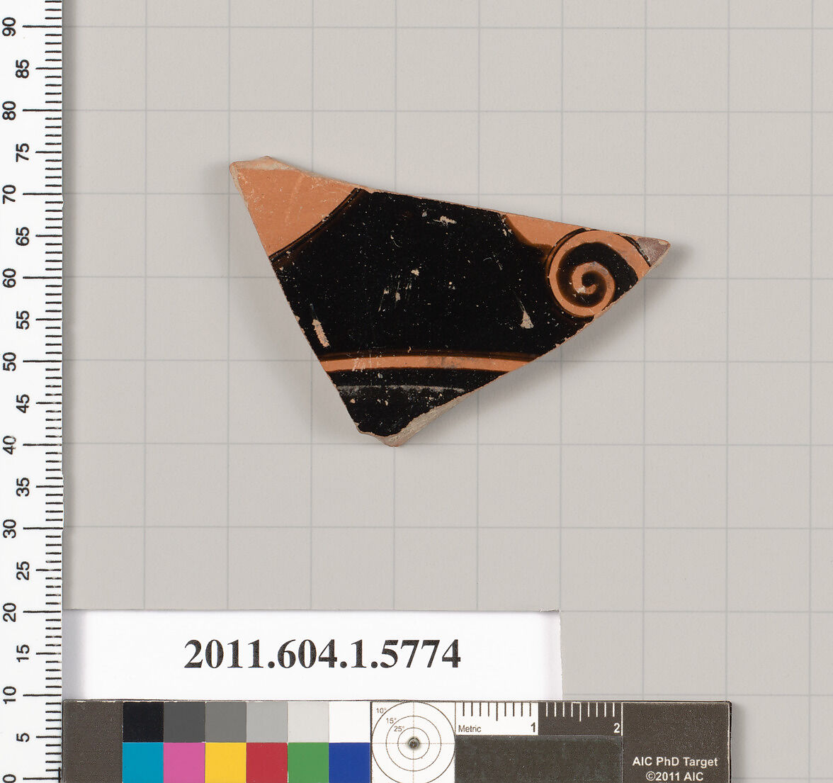 Terracotta fragment of a kylix: eye-cup  (drinking cup), Attributed to Oltos [DvB], Terracotta, Greek, Attic 