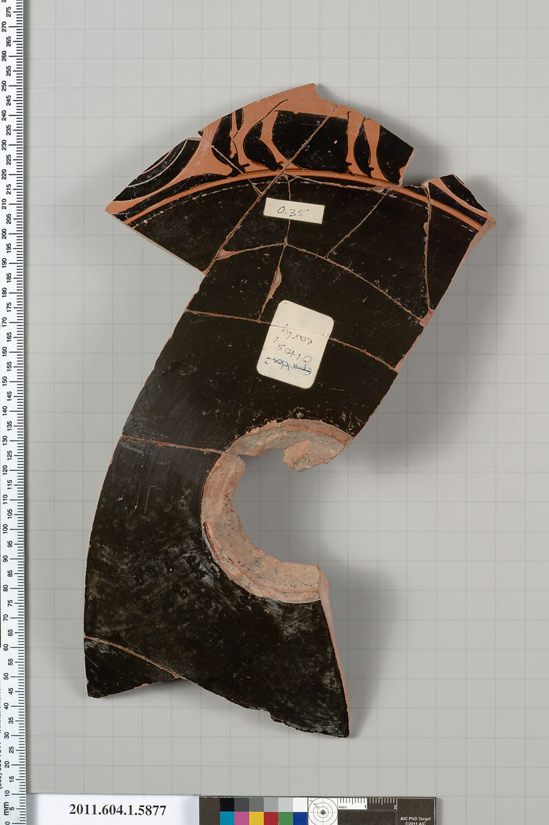 Terracotta fragment of a kylix (drinking cup), Attributed to Oltos [DvB], Terracotta, Greek, Attic