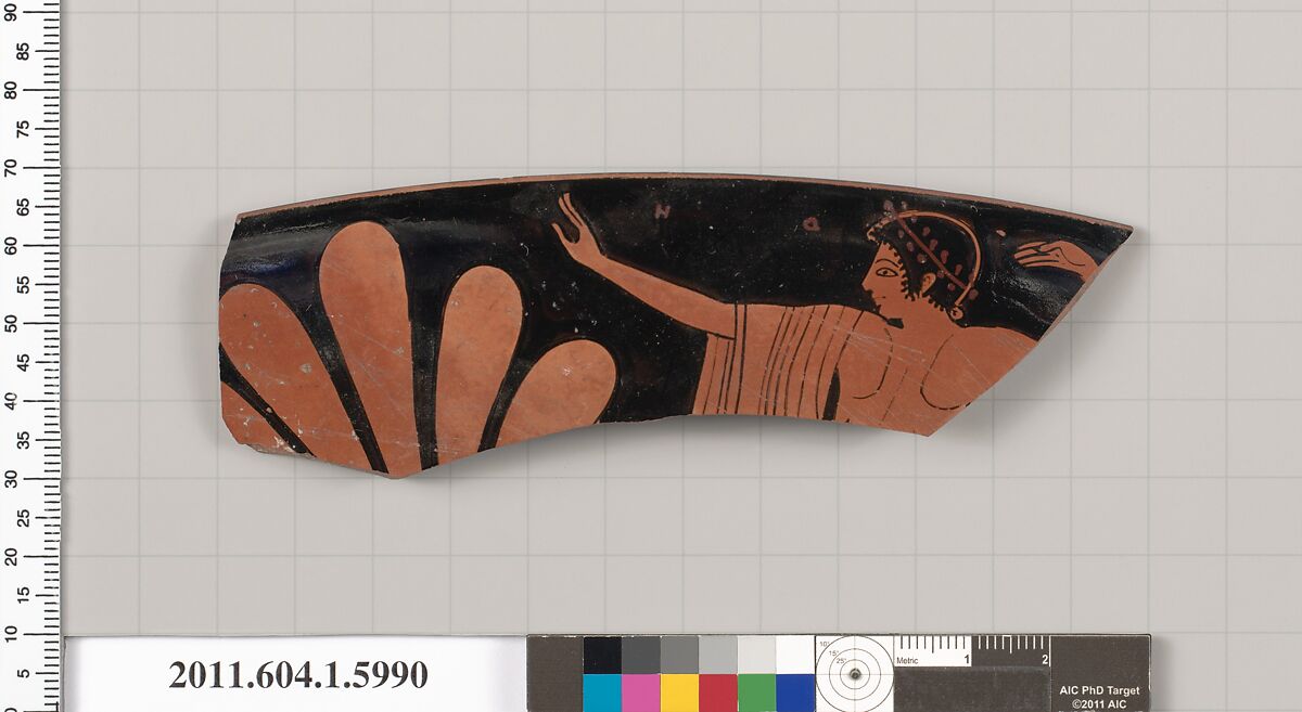 Terracotta rim fragment of a kylix (drinking cup), Attributed to the Euergides Painter [DvB], Terracotta, Greek, Attic 