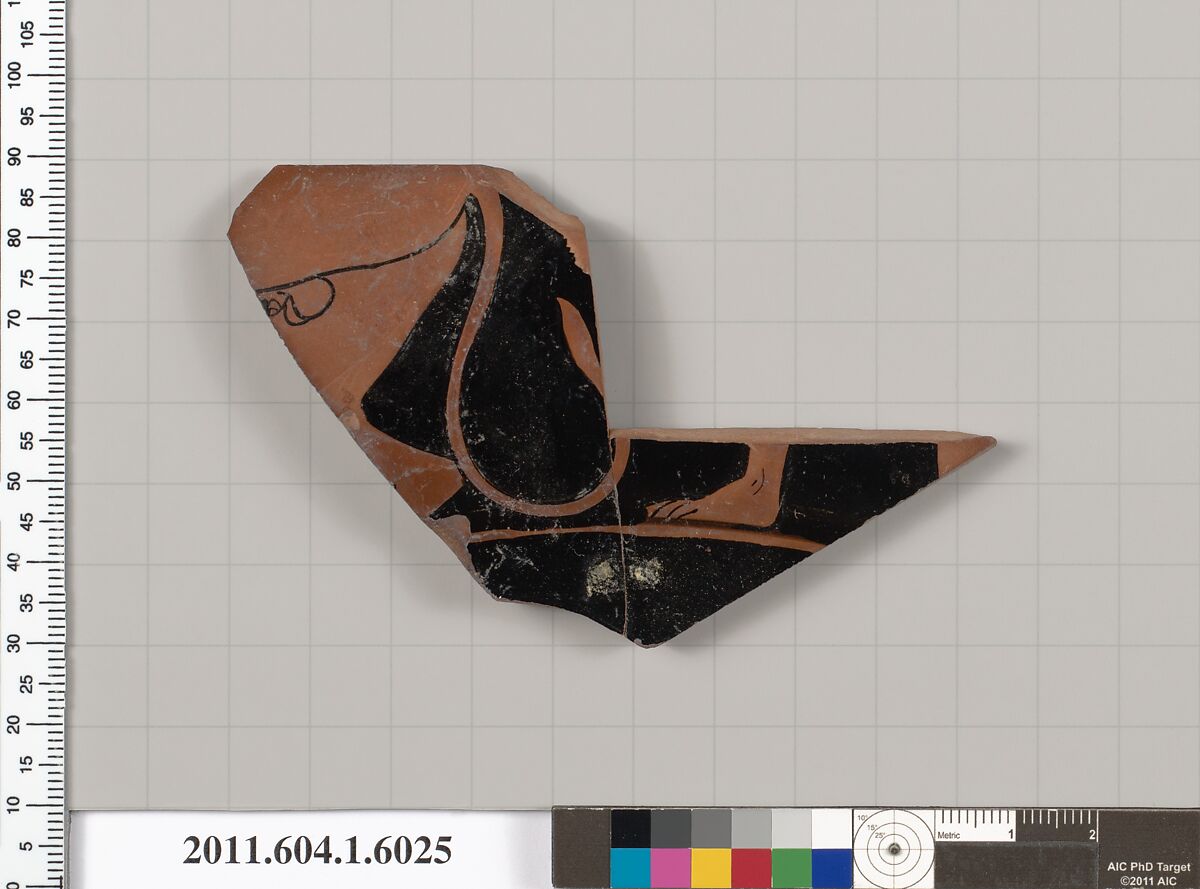 Terracotta fragment of a kylix (drinking cup), Attributed to the Euergides Painter [DvB], Terracotta, Greek, Attic 