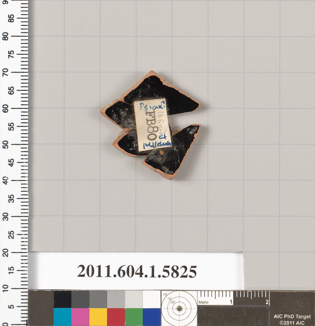 Terracotta fragment of a kylix: eye-cup  (drinking cup), Attributed to Psiax ? [DvB], Terracotta, Greek, Attic