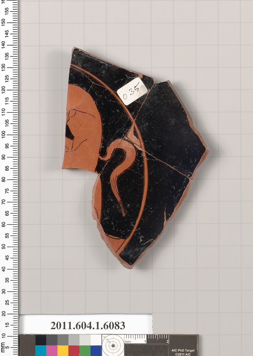 Terracotta fragment of a kylix (drinking cup), Attributed to Apollodoros [DvB], Terracotta, Greek, Attic 