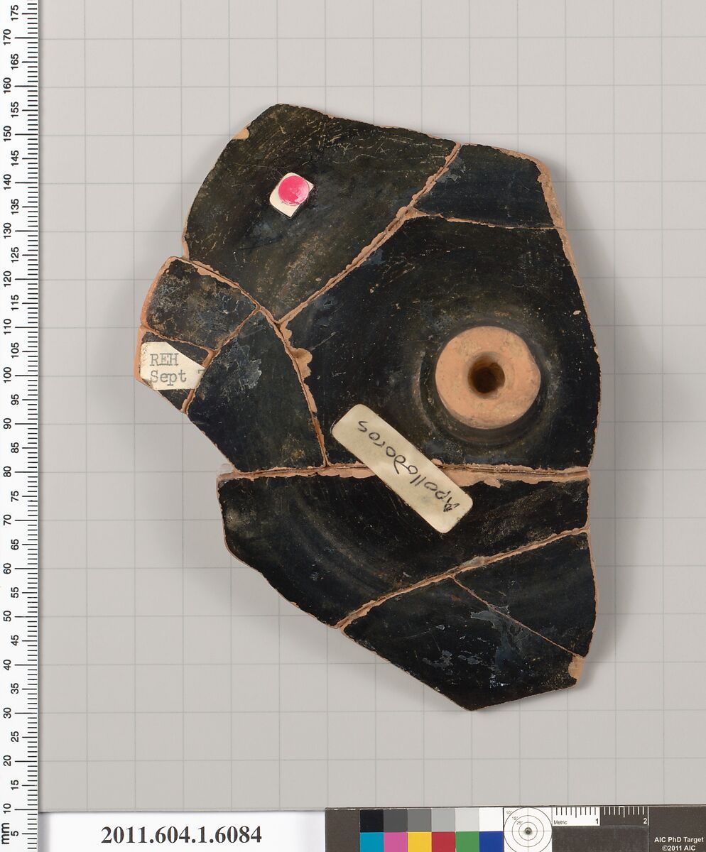 Terracotta fragment of a kylix (drinking cup), Attributed to Apollodoros [DvB], Terracotta, Greek, Attic