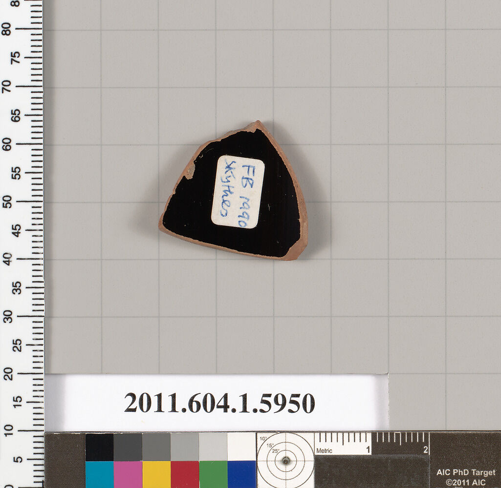 Terracotta fragment of a kylix (drinking cup), Attributed to Skythes [DvB], Terracotta, Greek, Attic