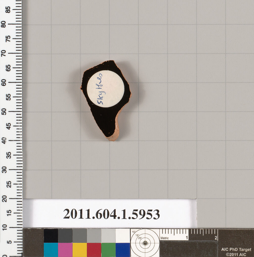 Terracotta fragment of a kylix (drinking cup), Attributed to Skythes [DvB], Terracotta, Greek, Attic