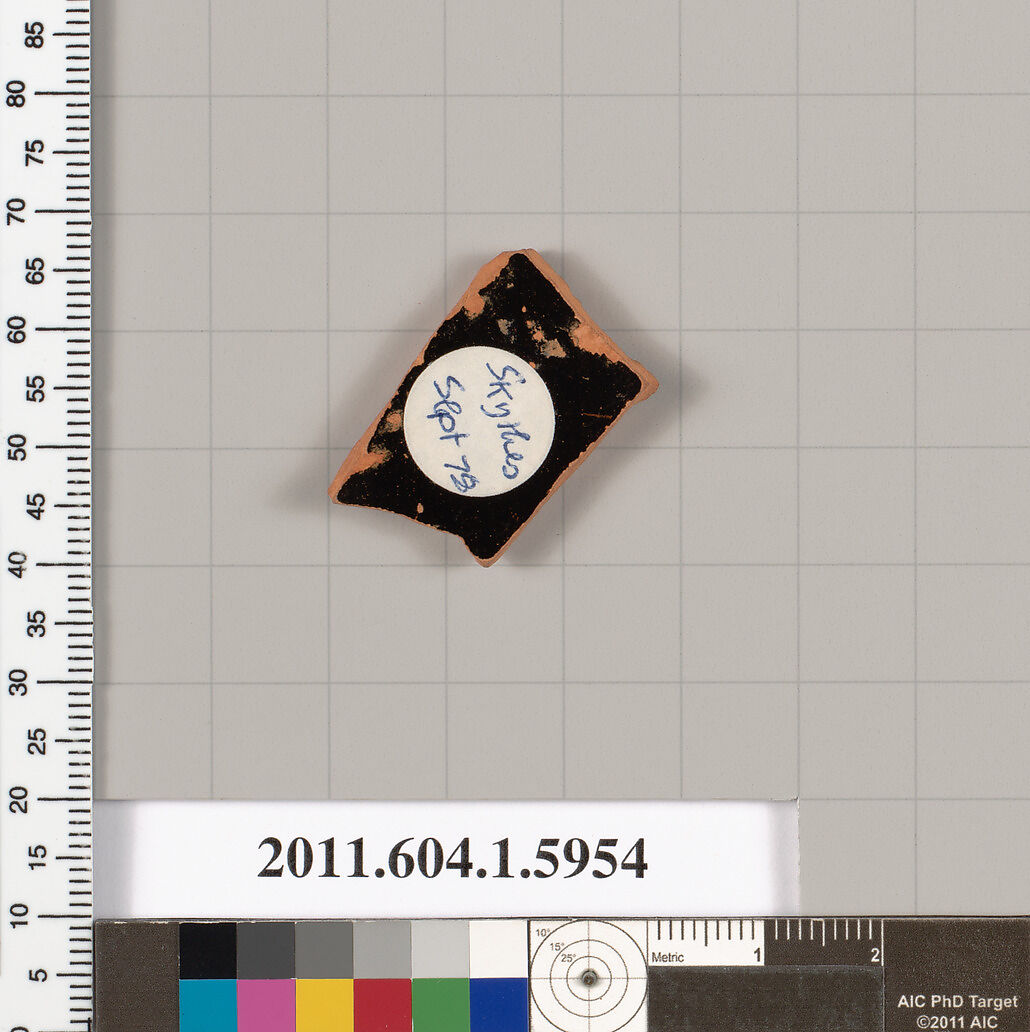 Terracotta fragment of a kylix (drinking cup), Attributed to Skythes [DvB], Terracotta, Greek, Attic