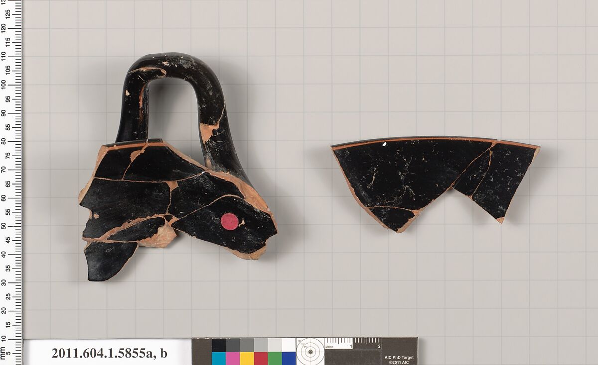 Terracotta fragments of a kylix: eye-cup (drinking cup), Attributed to the Andokides Painter [B. Cohen], Terracotta, Greek, Attic