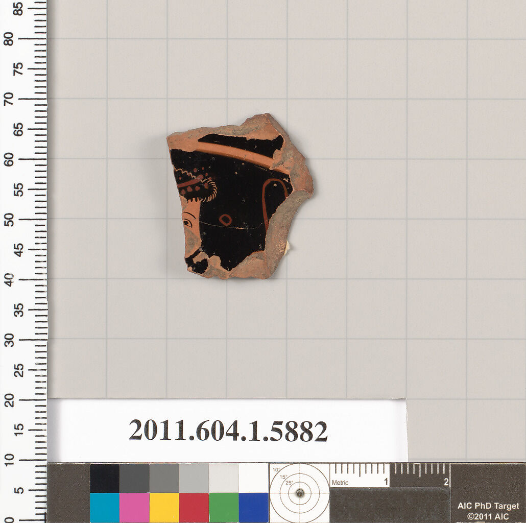 Terracotta fragment of a kylix (drinking cup), Attributed to Epiktetos [DvB], Terracotta, Greek, Attic 
