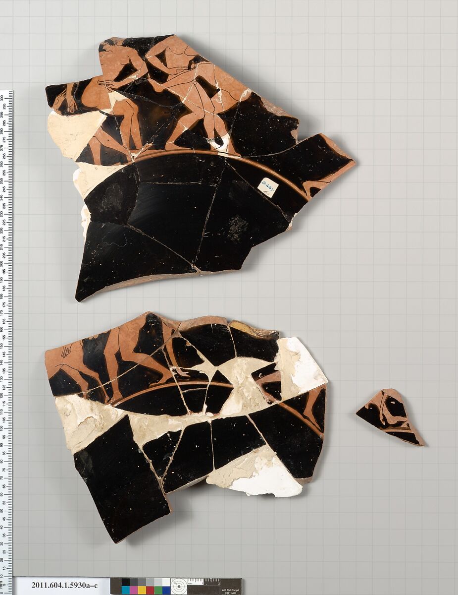 Terracotta fragments of a kylix (drinking cup), Attributed to Epiktetos [DvB], Terracotta, Greek, Attic