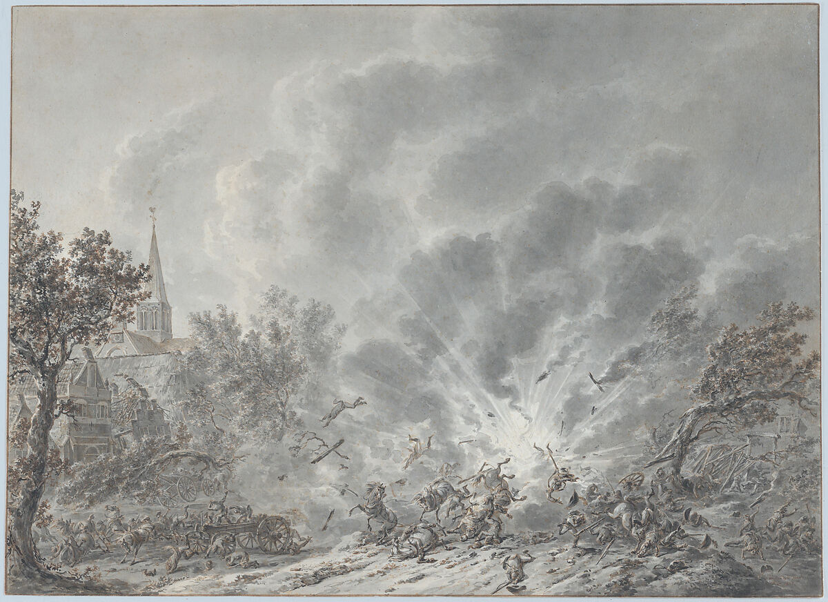 An Explosion near a Village, Dirk Langendijk (Dutch, Rotterdam 1748–1805 Rotterdam), Pen and brown and black ink, brush and gray ink; framing line in pen and brown ink 