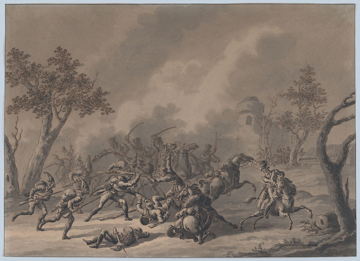 A Battle Between Cavalrymen and Infantry, Follower of Dirk Langendijk (Dutch, Rotterdam 1748–1805 Rotterdam), Pen and brown ink, brush and gray ink; framing line in pen and black ink 