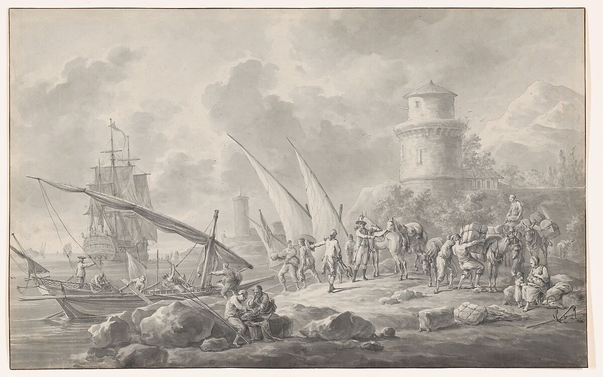 Soldiers Loading Barges for a Large Sailing Ship Along the Coast, Dirk Langendijk (Dutch, Rotterdam 1748–1805 Rotterdam), Pen and brown ink, brush and gray wash 